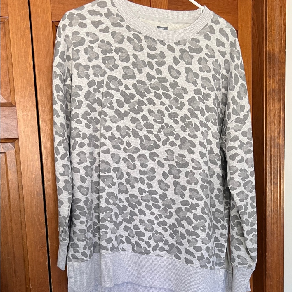 aerie Gray Leopard Print Crewneck Sweater